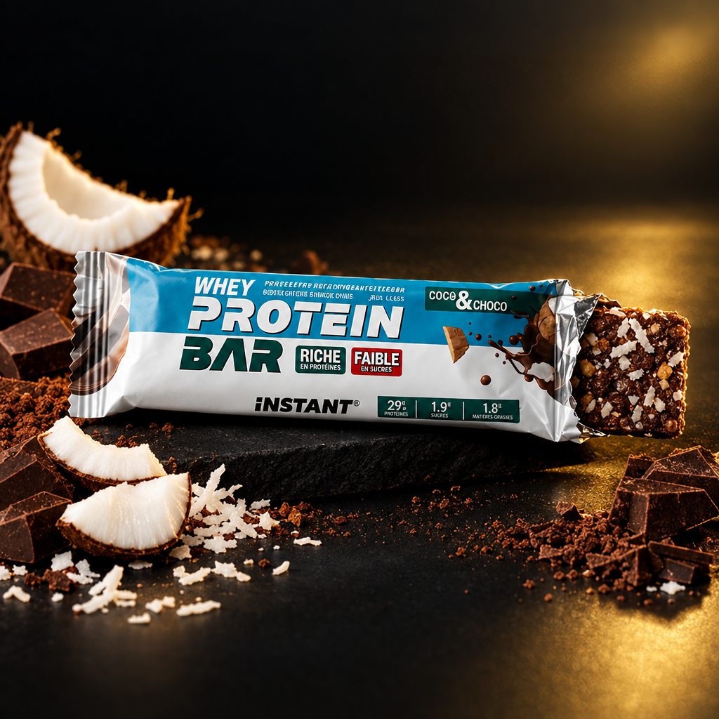 Instant Protein Bar Coco & Choco - barre ouverte avec noix de coco et chocolat