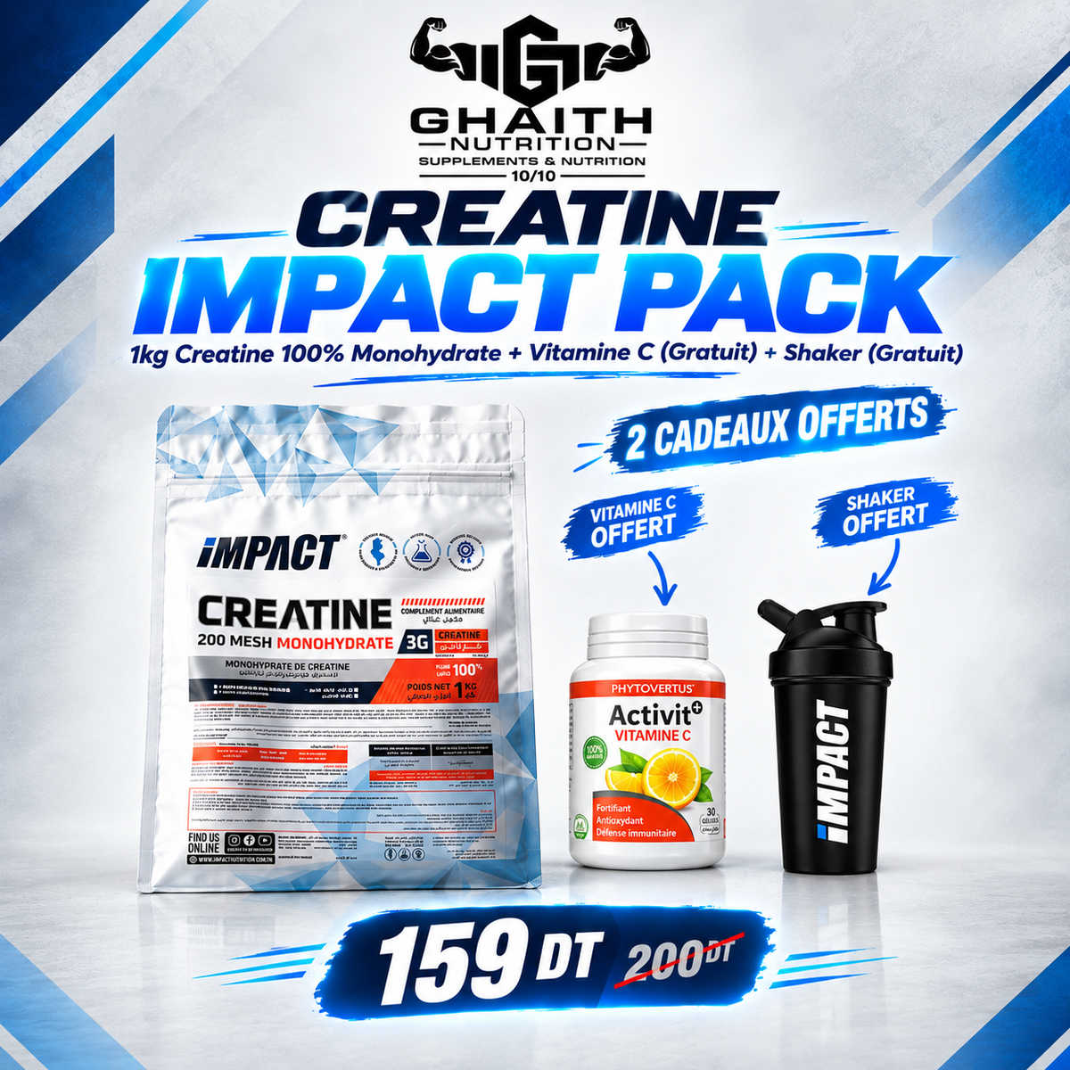 Creatine Impact Pack, créatine 1 kg, vitamine C et shaker