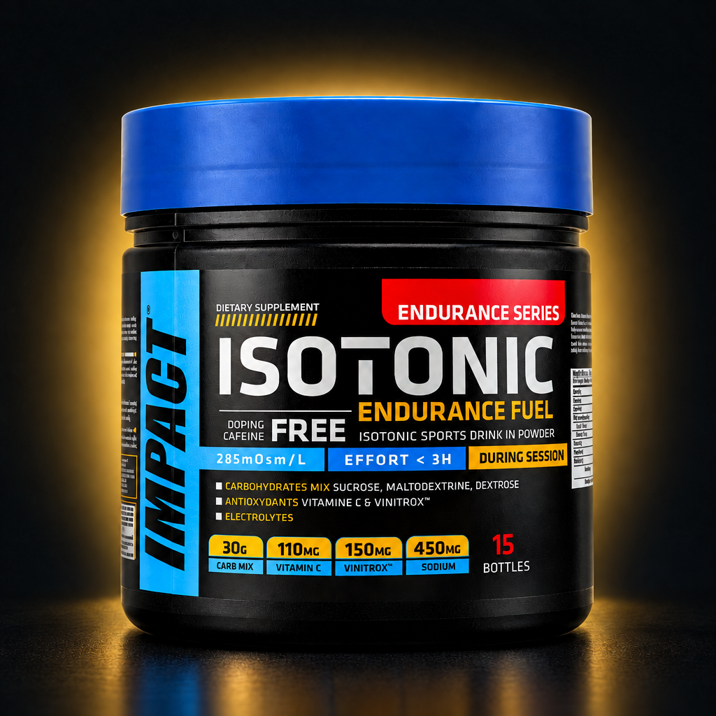 IMPACT Isotonic Endurance Fuel 480G — لقطة استوديو نظيفة على خلفية سوداء مع لمسة ذهبية