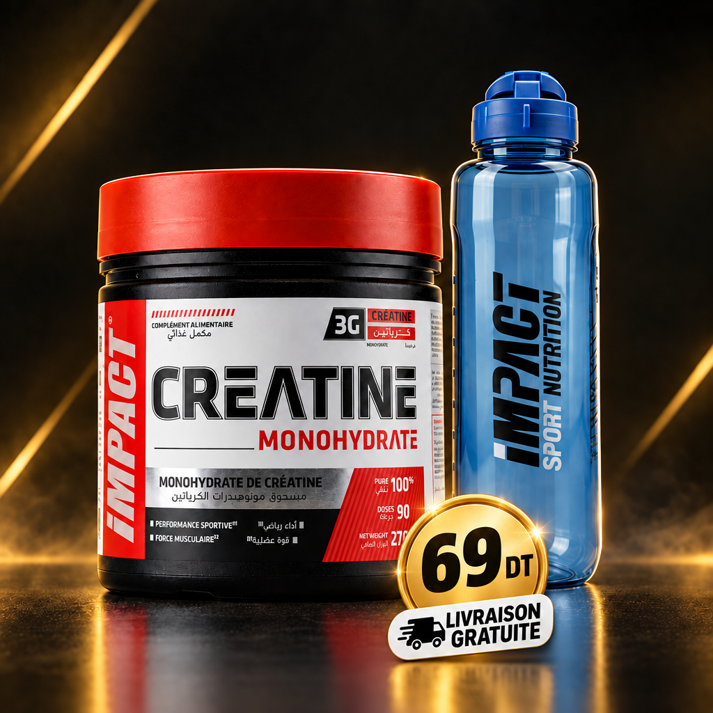 Créatine IMPACT 100% Monohydrate 270g et gourde, 69 DT, livraison gratuite