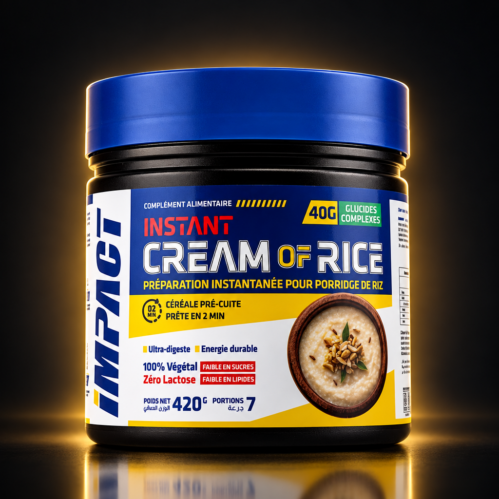 Instant Cream of Rice IMPACT 420g - pot sur fond noir premium