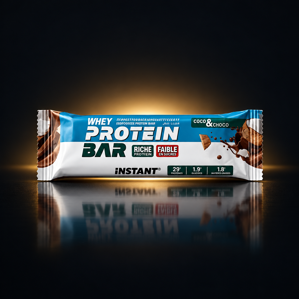 Instant Protein Bar Coco & Choco - pack shot sur fond noir premium