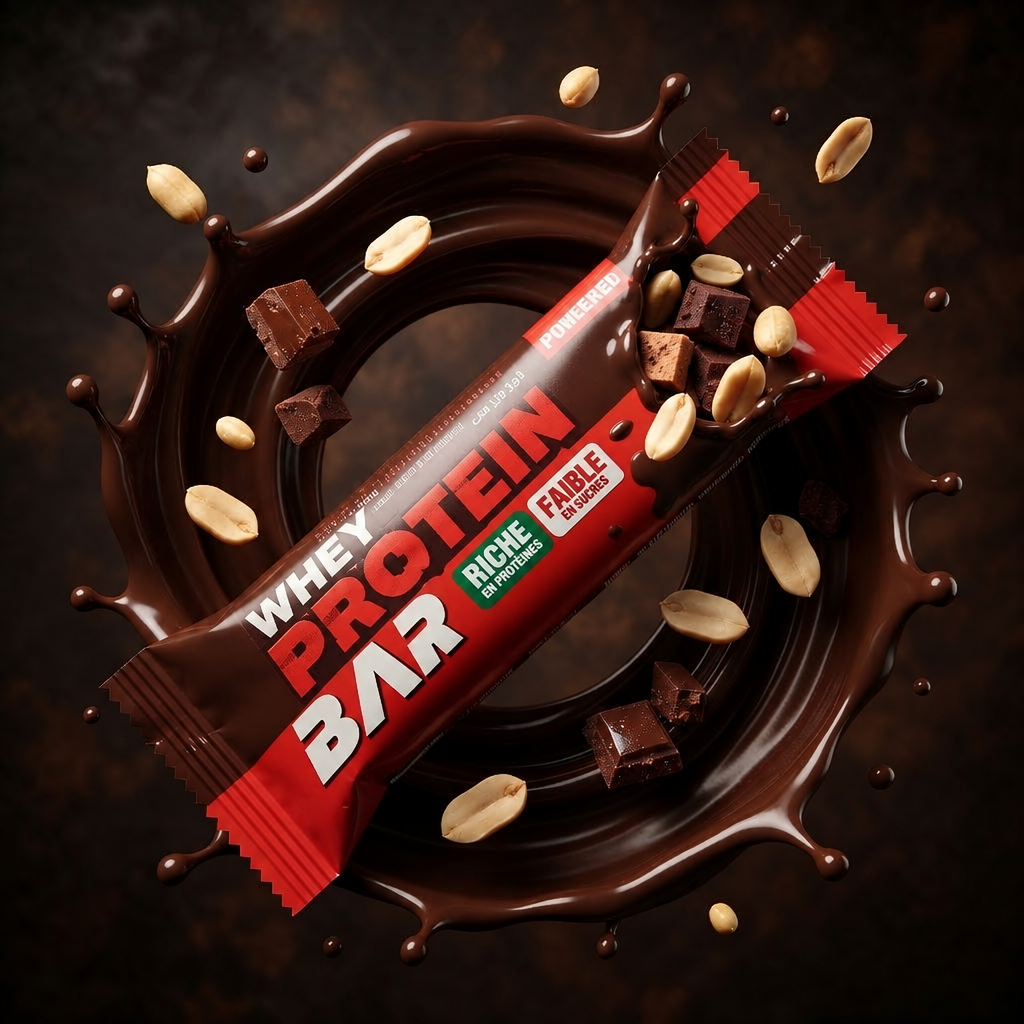 Instant Protein Bar Peanut & Choco - barre protéinée sur fond noir avec cacahuètes et éclats de chocolat